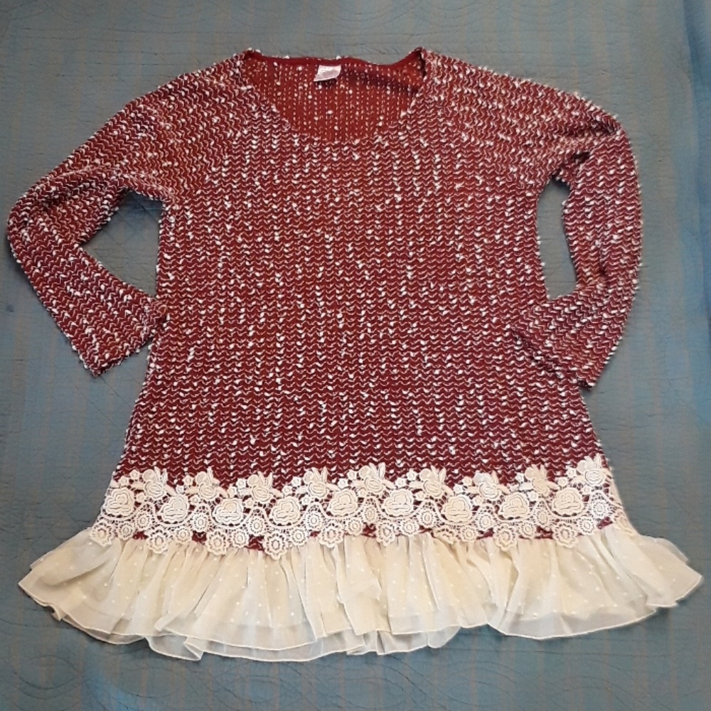 Burgundy and white lace long sleeve dress